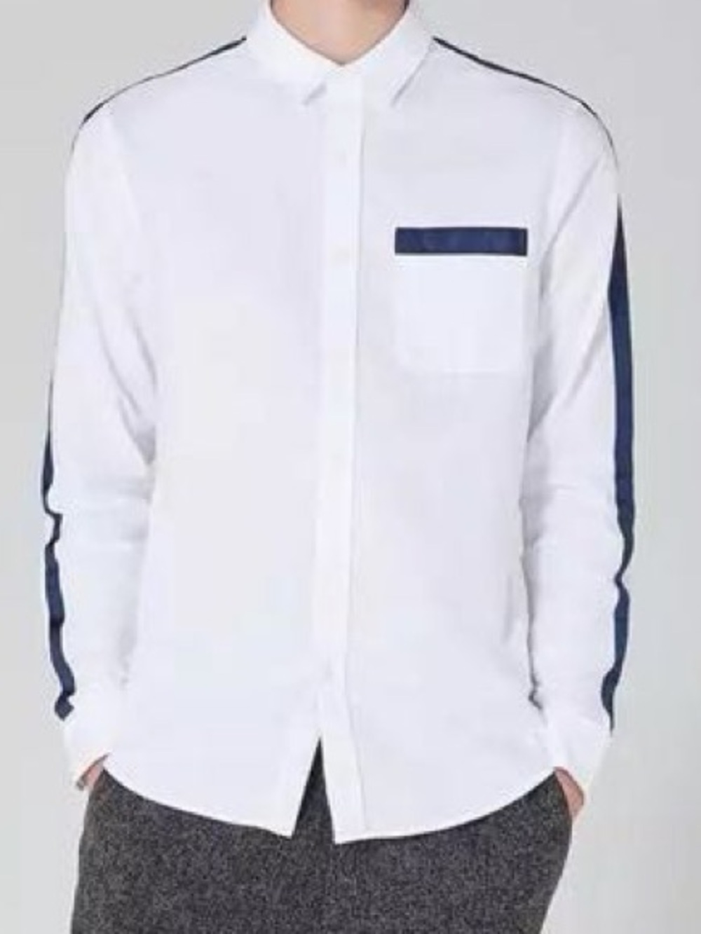 Topman White Button-Down Shirt with Black Sleeve stripes- Large